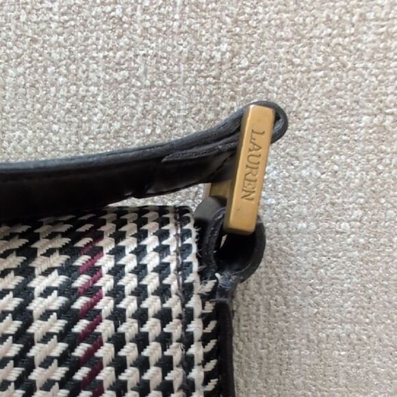 Lauren Ralph Lauren Houndstooth Brown Leather Shoulder Bag Y2K Preppy Vintage - Picture 4 of 14